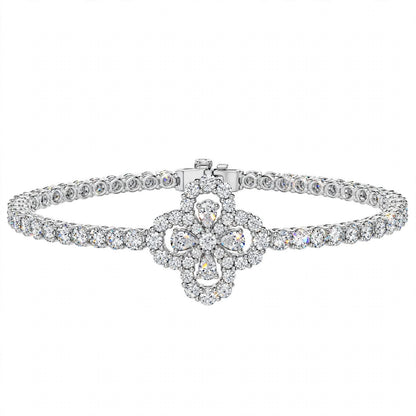 18K White Gold Pear and Round Cut Diamond Clover Charm Tennis Bracelet