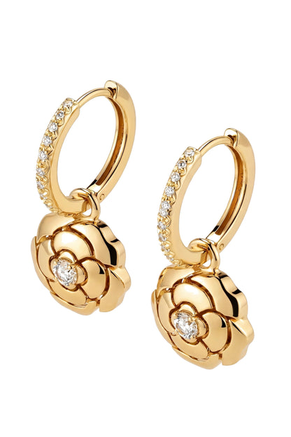 18K Rose Gold Camellia Flower Drop Earrings with Brilliant Diamonds.