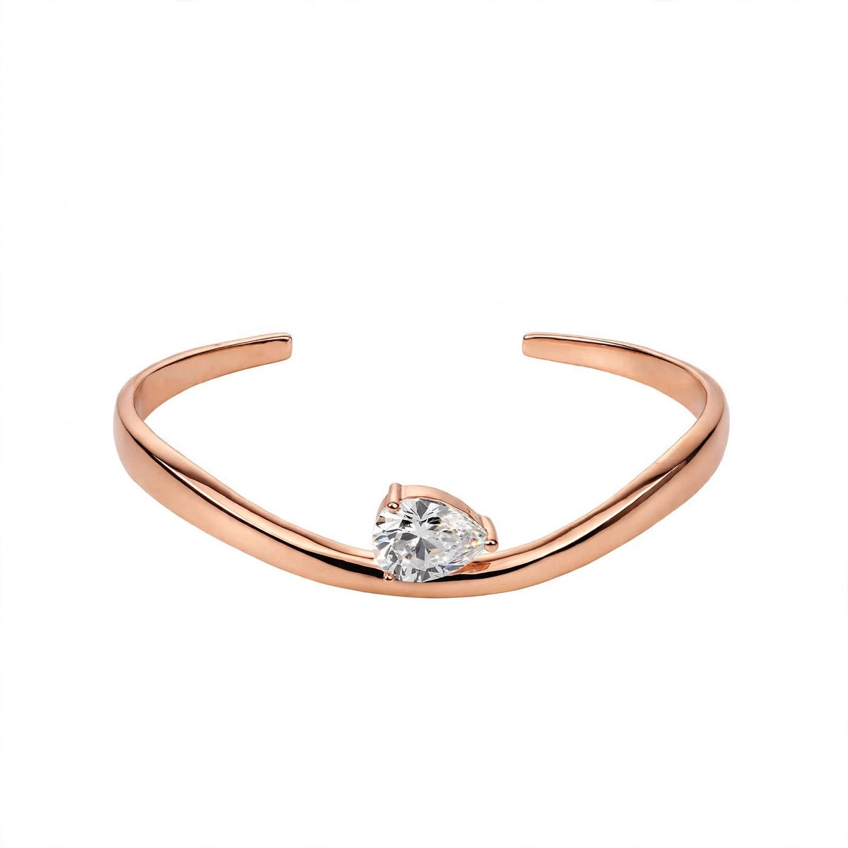 14K Yellow Gold Pear-Cut Solitaire Wave Cuff Bangle