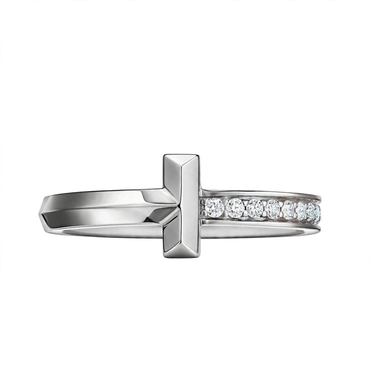 14K White Gold Geometric T-Bar Diamond Ring