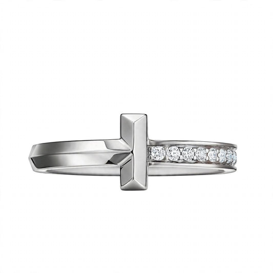 14K White Gold Geometric T-Bar Diamond Ring