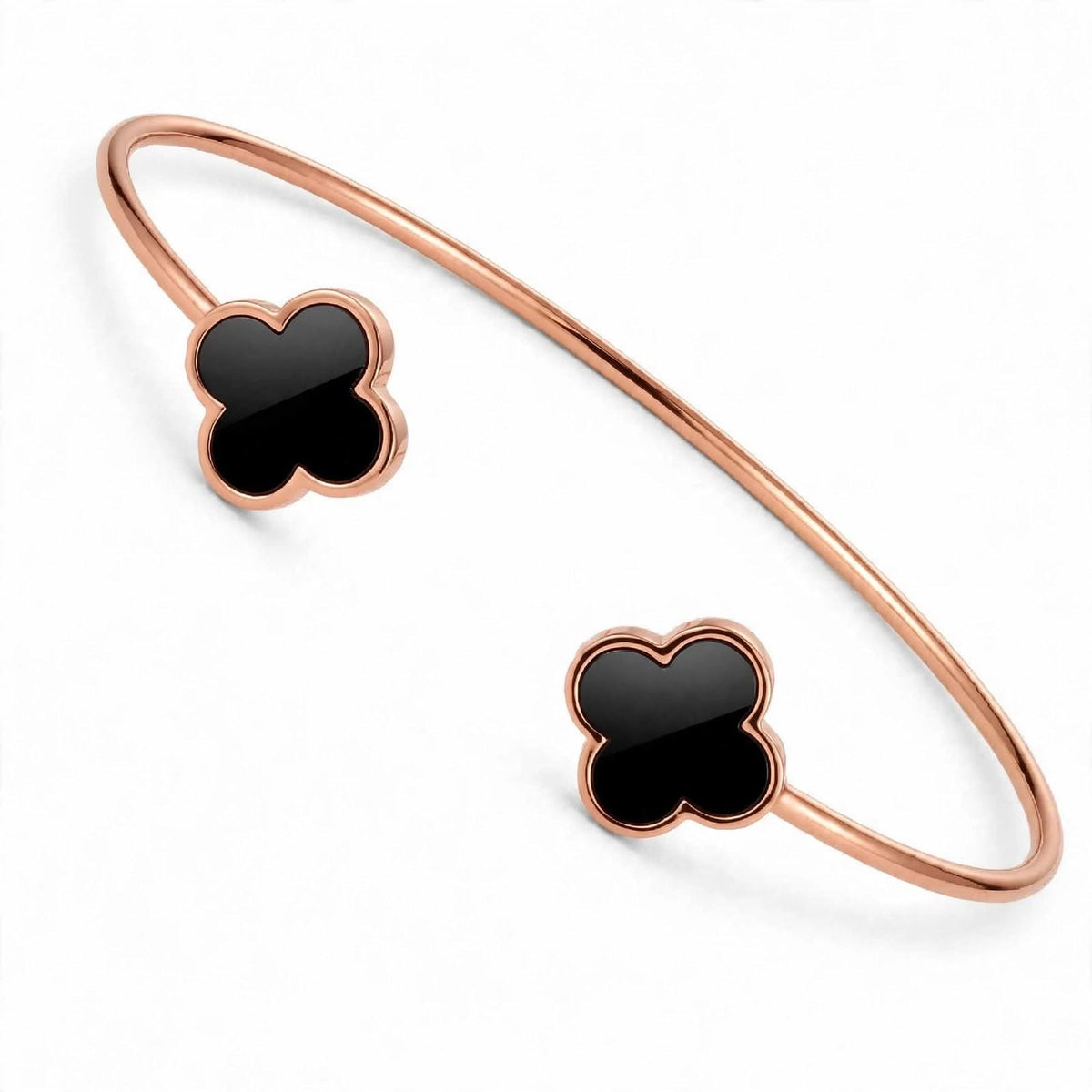 18K Gold Plated Open Cuff Bangle with Twin Black Clover Motifs