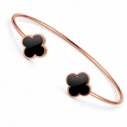 18K Gold Plated Open Cuff Bangle with Twin Black Clover Motifs