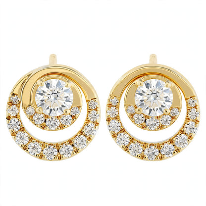 14K Yellow Gold Round Diamond Double Circle Stud Earrings