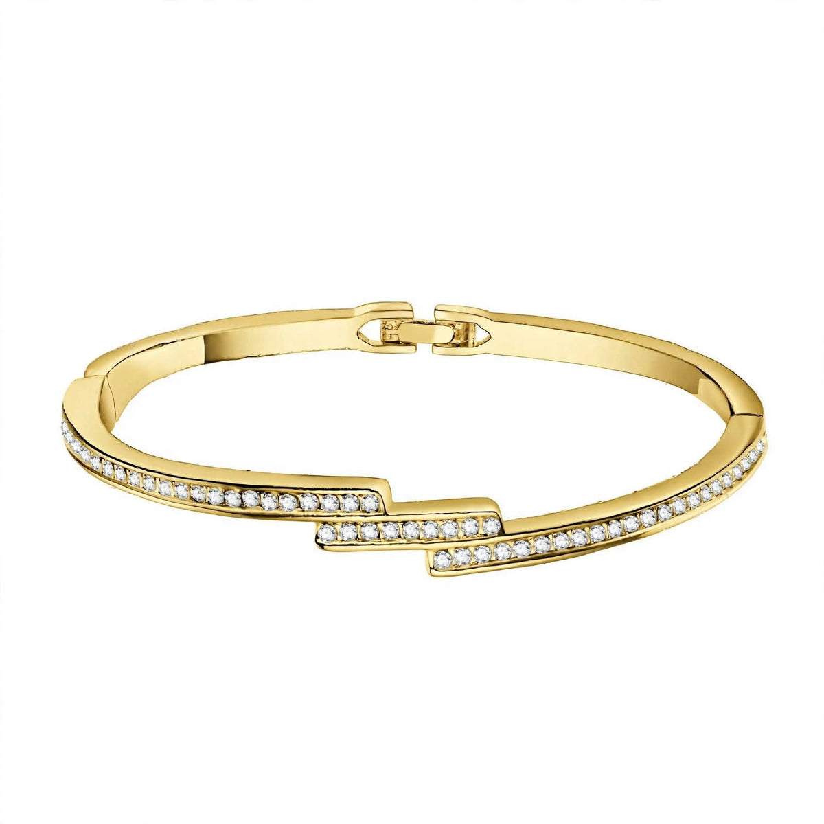 18K White Gold Diamond Staggered Bypass Bangle Bracelet — Brilliant Pavé Contemporary Hinged Kada