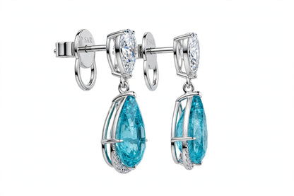 18K White Gold Rare Pear-Cut Paraiba Tourmaline Drop Earrings with Diamond Halos