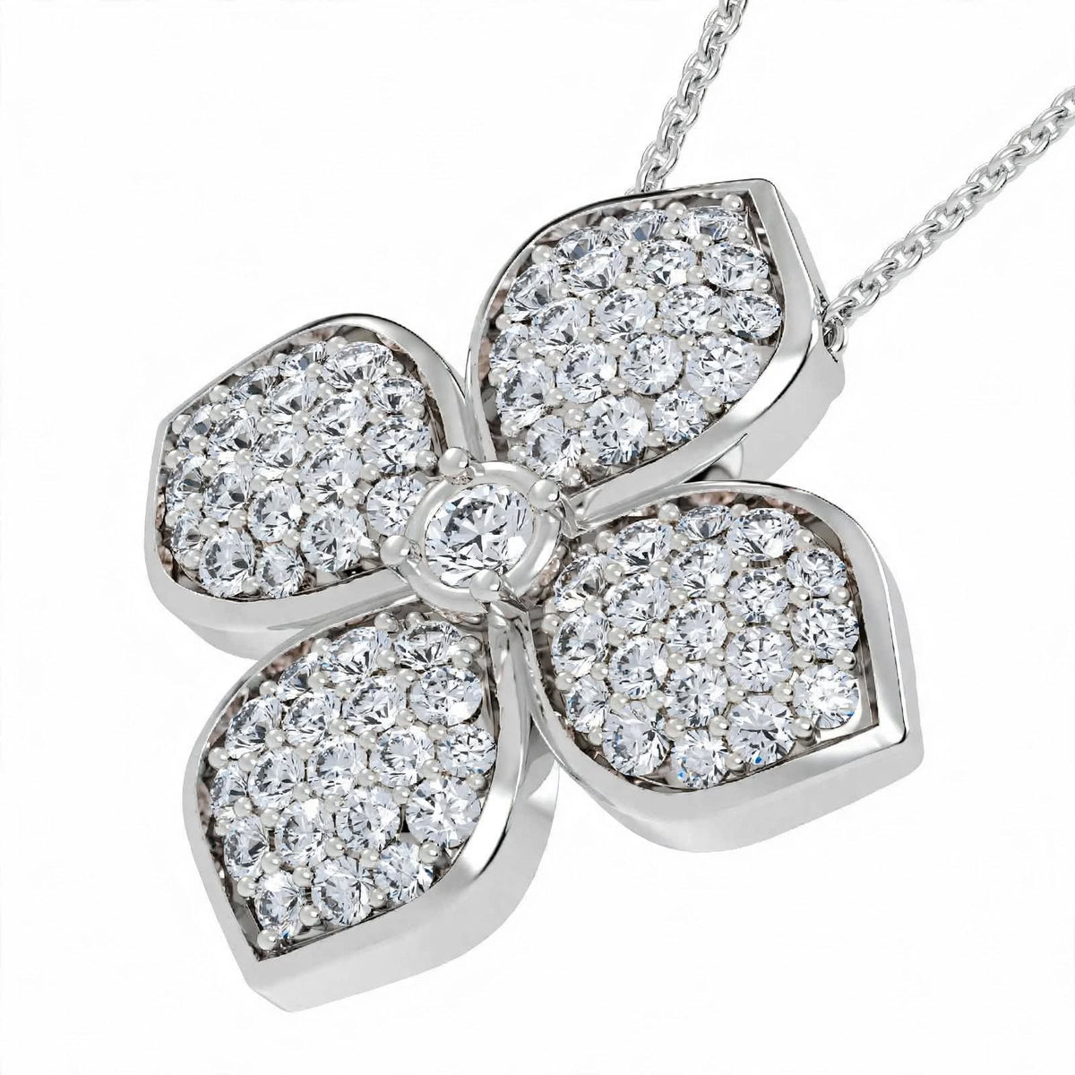 18K Yellow Gold Pavé Diamond Four-Petal Flower Pendant Necklace