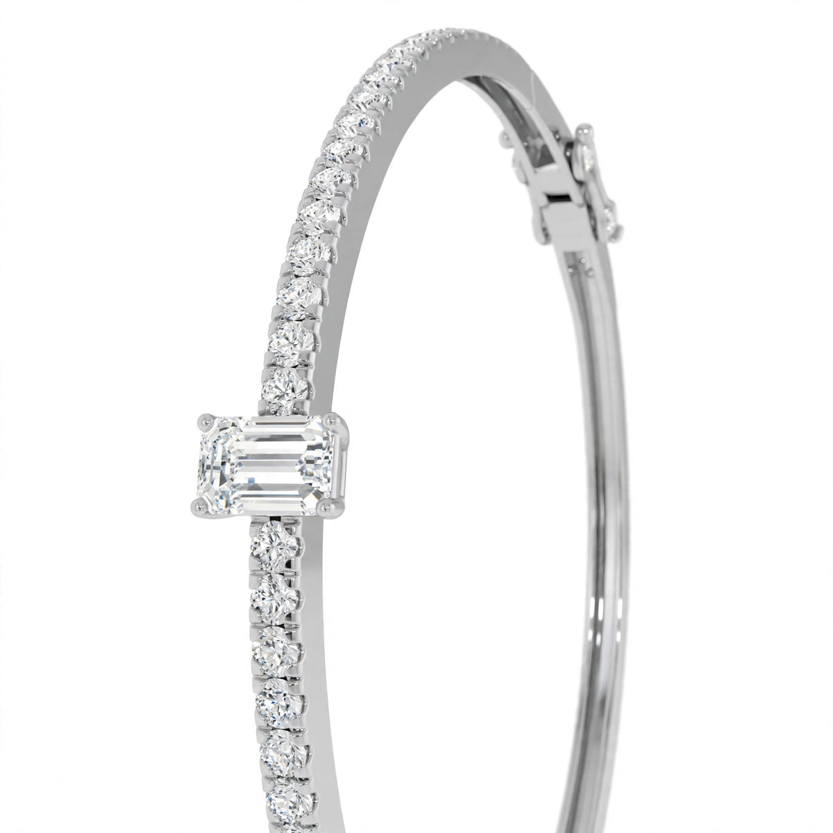 14K White Gold Emerald-Cut Diamond Solitaire Pavé Bangle Bracelet
