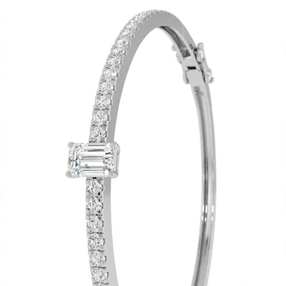 14K White Gold Emerald-Cut Diamond Solitaire Pavé Bangle Bracelet