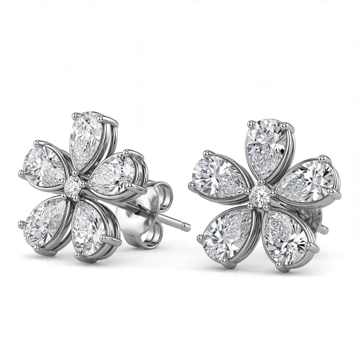 14K White Gold Pear-Shaped Diamond Flower Cluster Stud Earrings