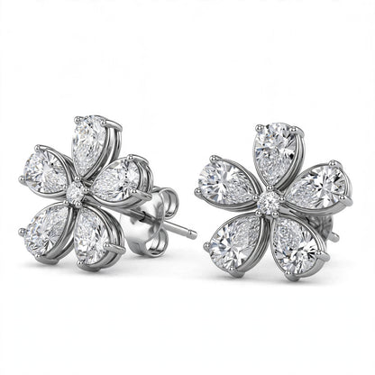 14K White Gold Pear-Shaped Diamond Flower Cluster Stud Earrings