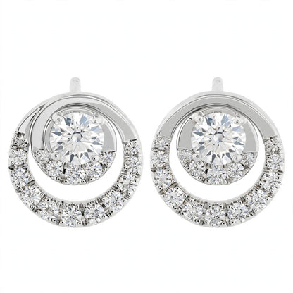 14K Yellow Gold Round Diamond Double Circle Stud Earrings