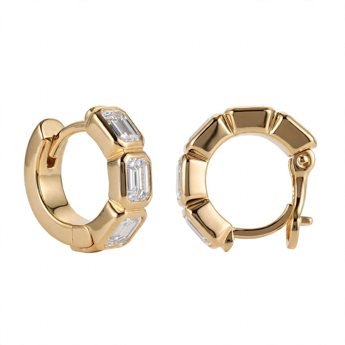 18K Rose Gold Bezel-Set Emerald-Cut Diamond Huggie Hoop Earrings