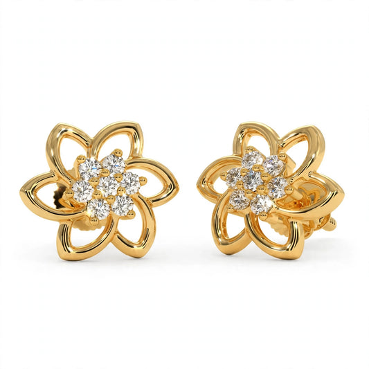 14K Yellow Gold Floral Cluster Diamond Stud Earrings