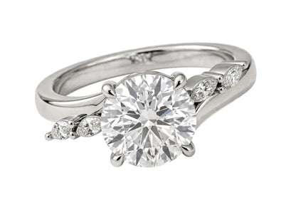 14K Yellow Gold Nature-Inspired Round Cut Solitaire Engagement Ring with Marquise Diamond Accents.