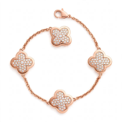 18K Yellow Gold Pavé Diamond Clover Charm Link Bracelet