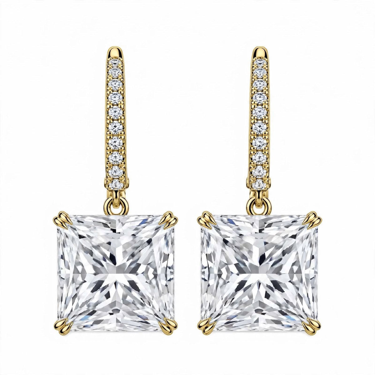 14K Yellow Gold Princess Cut Diamond Huggie Drop Earrings