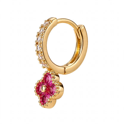 925 Sterling Silver Pink Ruby Clover Huggie Hoop Earrings