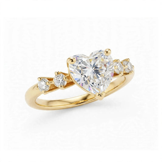 Gold with A Large heart-shaped center stone accented by four smaller side stones.