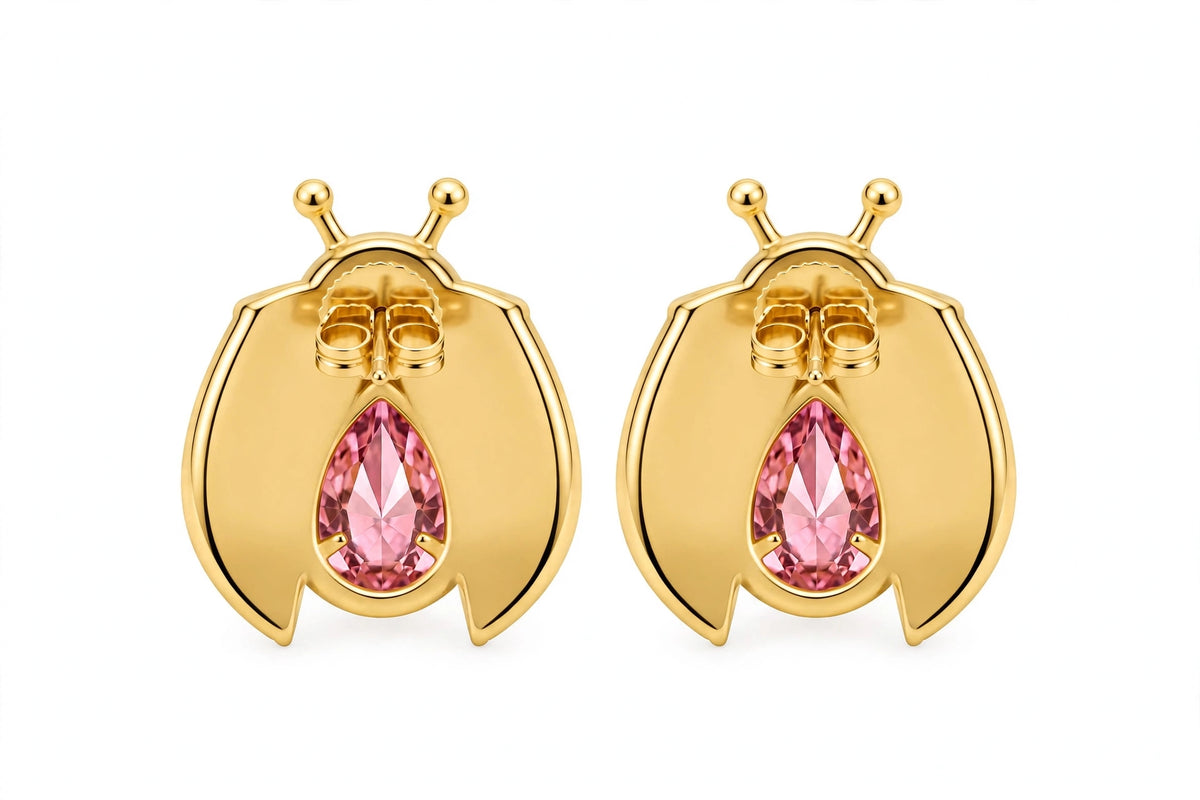14K Gold Ladybug Stud Earrings with Pear-Cut Pink Zirconia & Crystal Eyes.