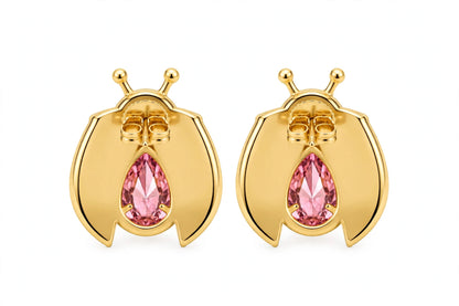 14K Gold Ladybug Stud Earrings with Pear-Cut Pink Zirconia & Crystal Eyes.