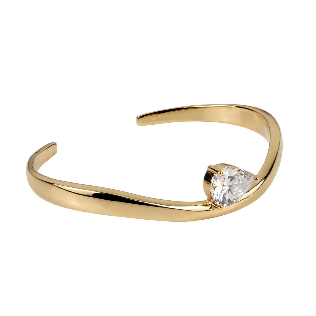 14K Yellow Gold Pear-Cut Solitaire Wave Cuff Bangle