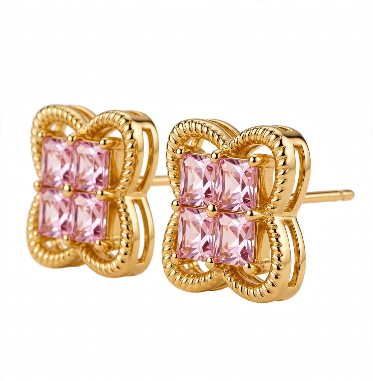 Princess-Cut Pink Gemstone Four-Leaf Clover Ear Studs