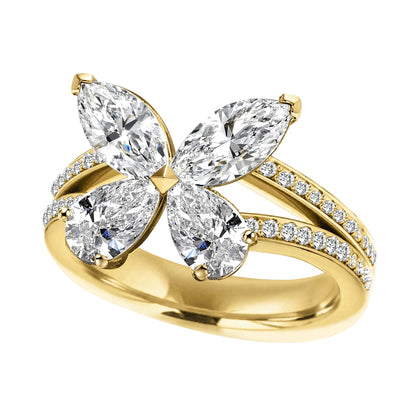 14K Yellow Gold Butterfly Diamond Statement Ring – Marquise & Pear Cut Cluster Accent.