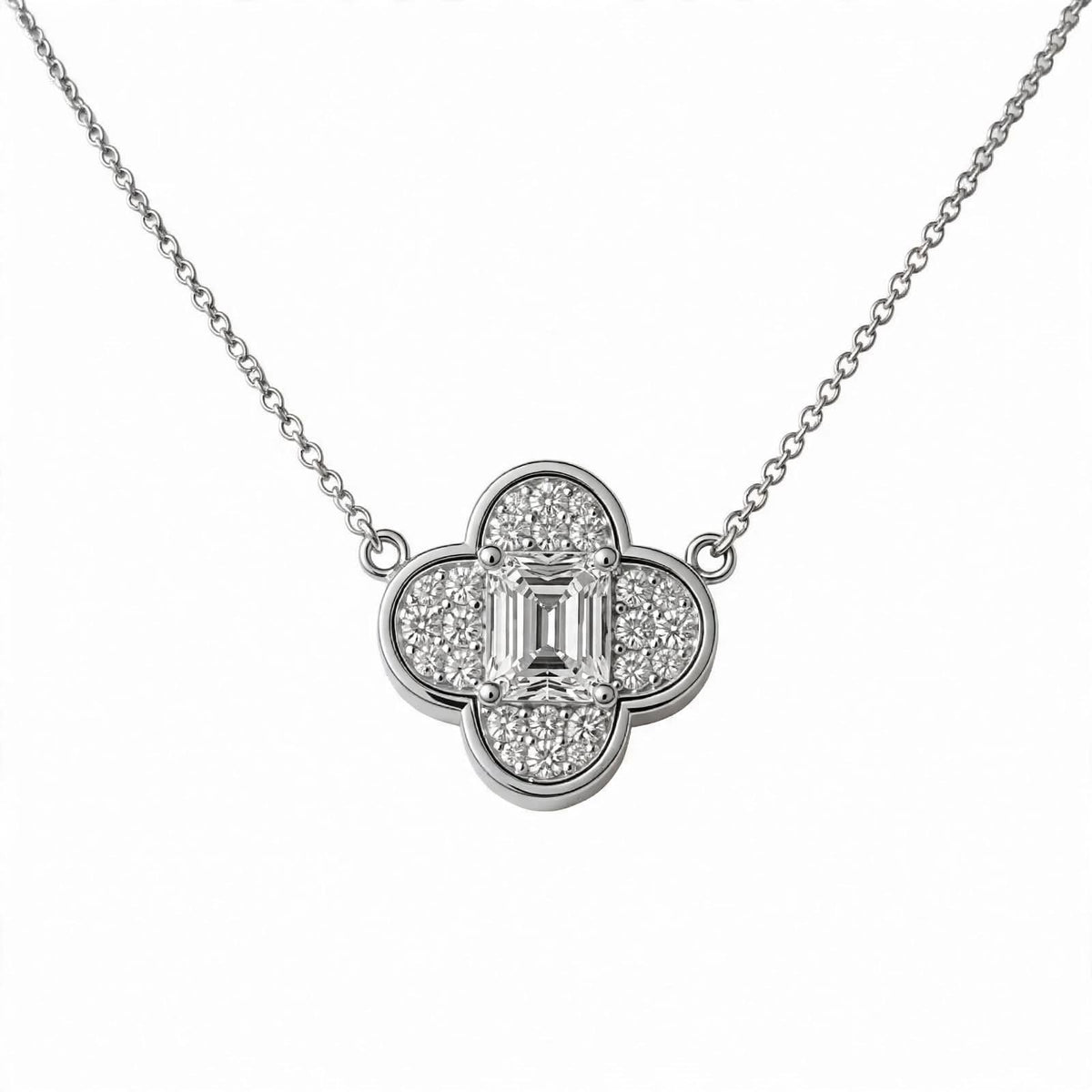18K Yellow Gold Emerald-Cut Diamond Clover Pendant Necklace
