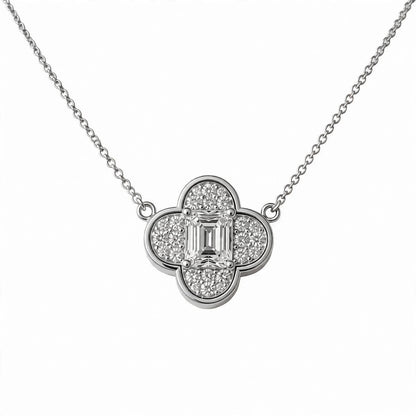 18K Yellow Gold Emerald-Cut Diamond Clover Pendant Necklace
