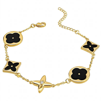 14K Rose Gold Mixed Motif Black Enamel Charm Bracelet.