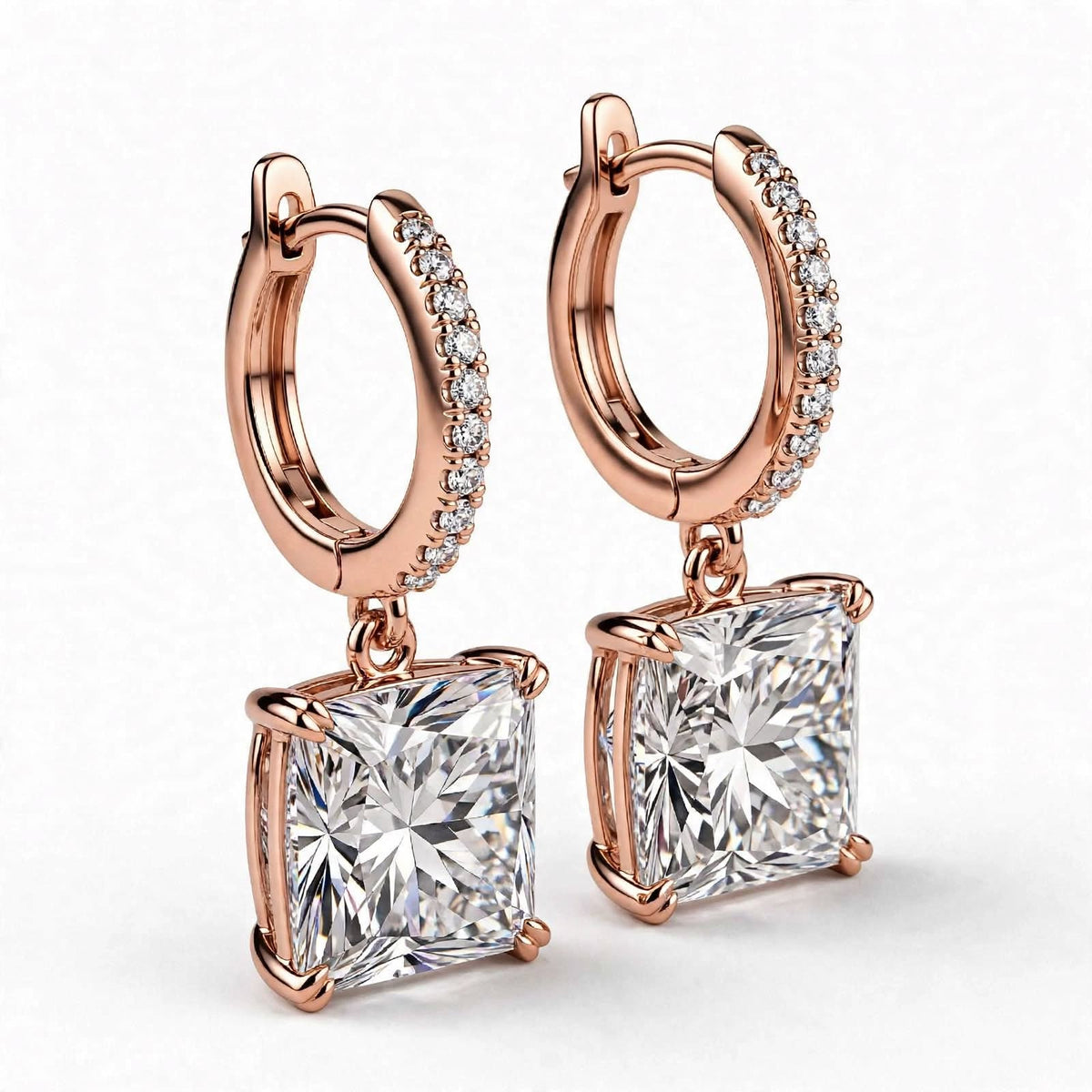 14K Yellow Gold Princess Cut Diamond Huggie Drop Earrings