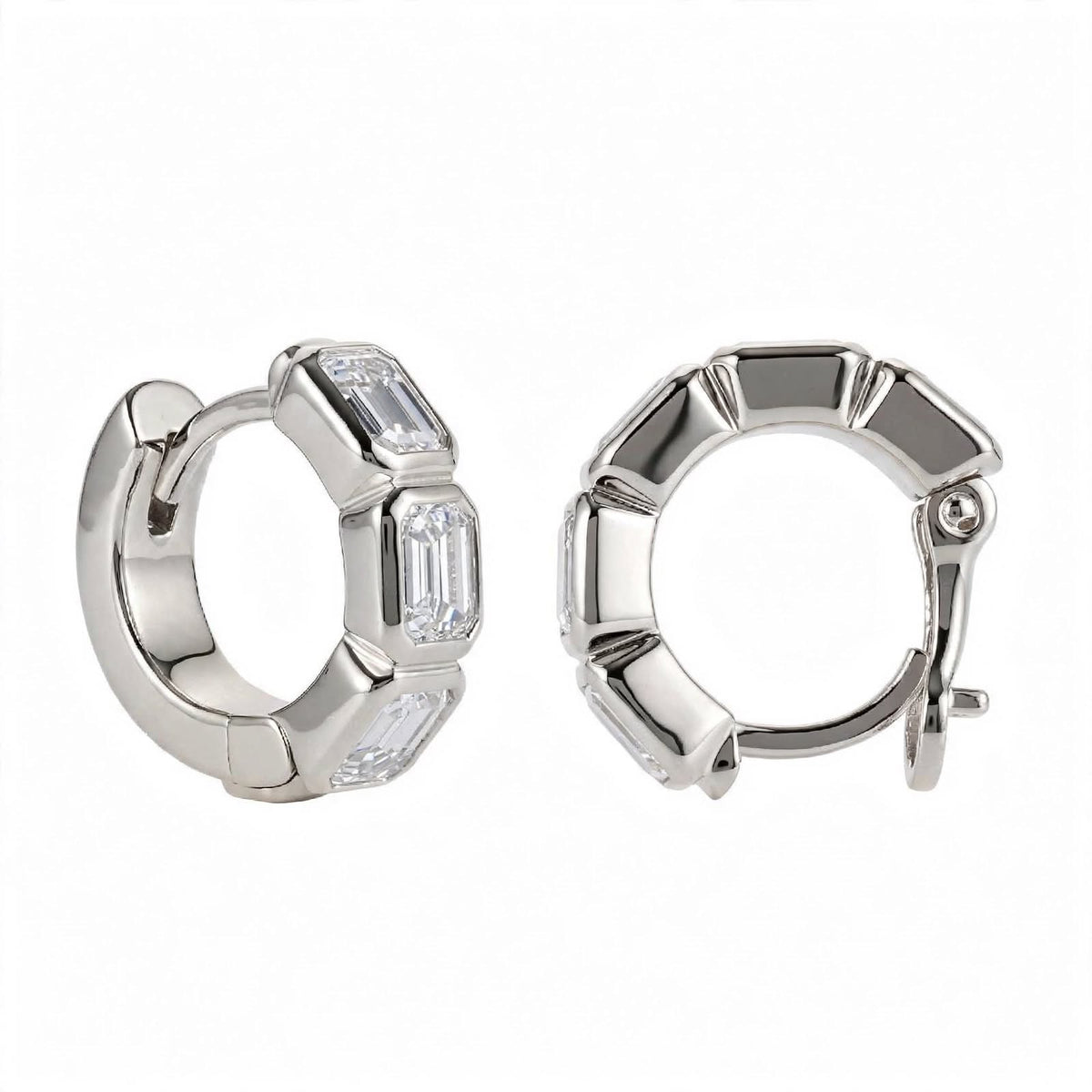 18K Rose Gold Bezel-Set Emerald-Cut Diamond Huggie Hoop Earrings