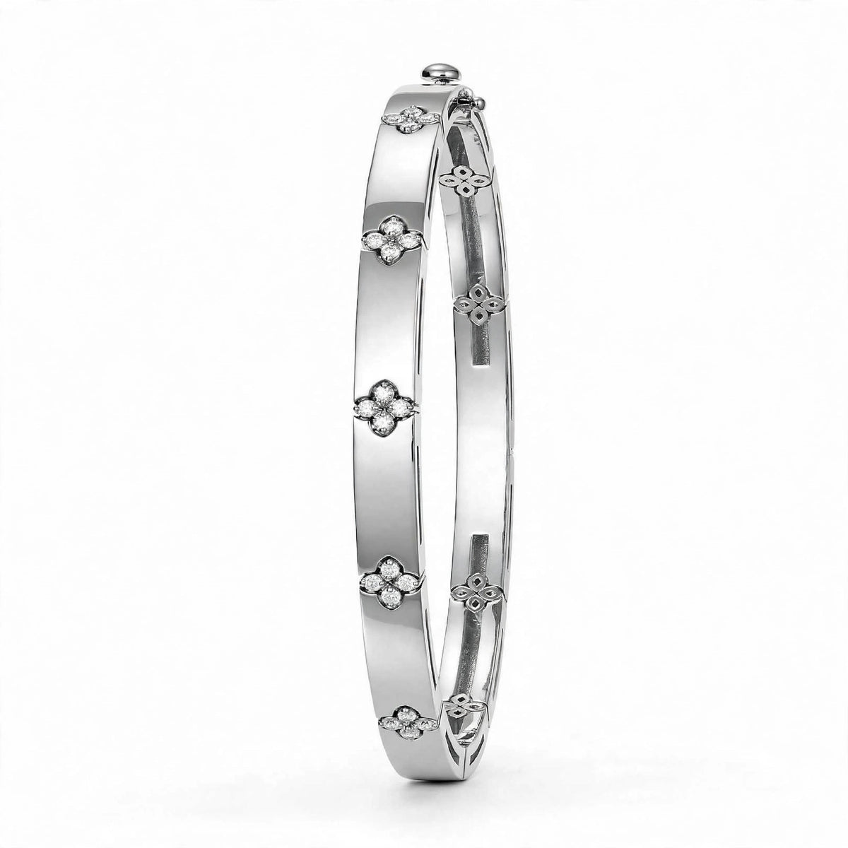 18K Yellow Gold Diamond Flower Station Bangle Bracelet