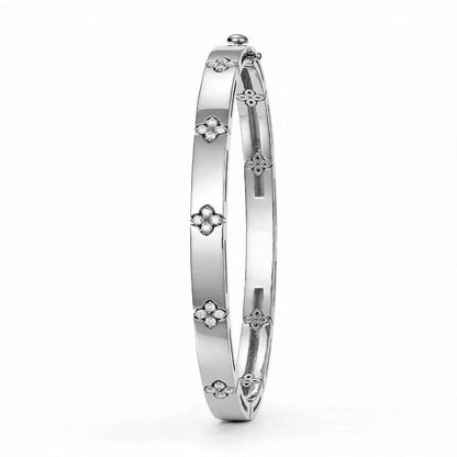 18K Yellow Gold Diamond Flower Station Bangle Bracelet