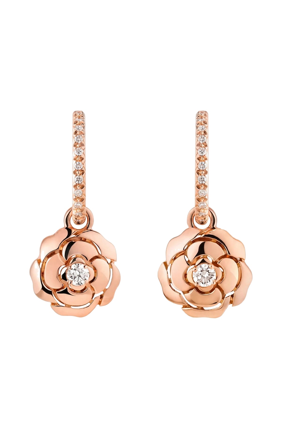 18K Rose Gold Camellia Flower Drop Earrings with Brilliant Diamonds.