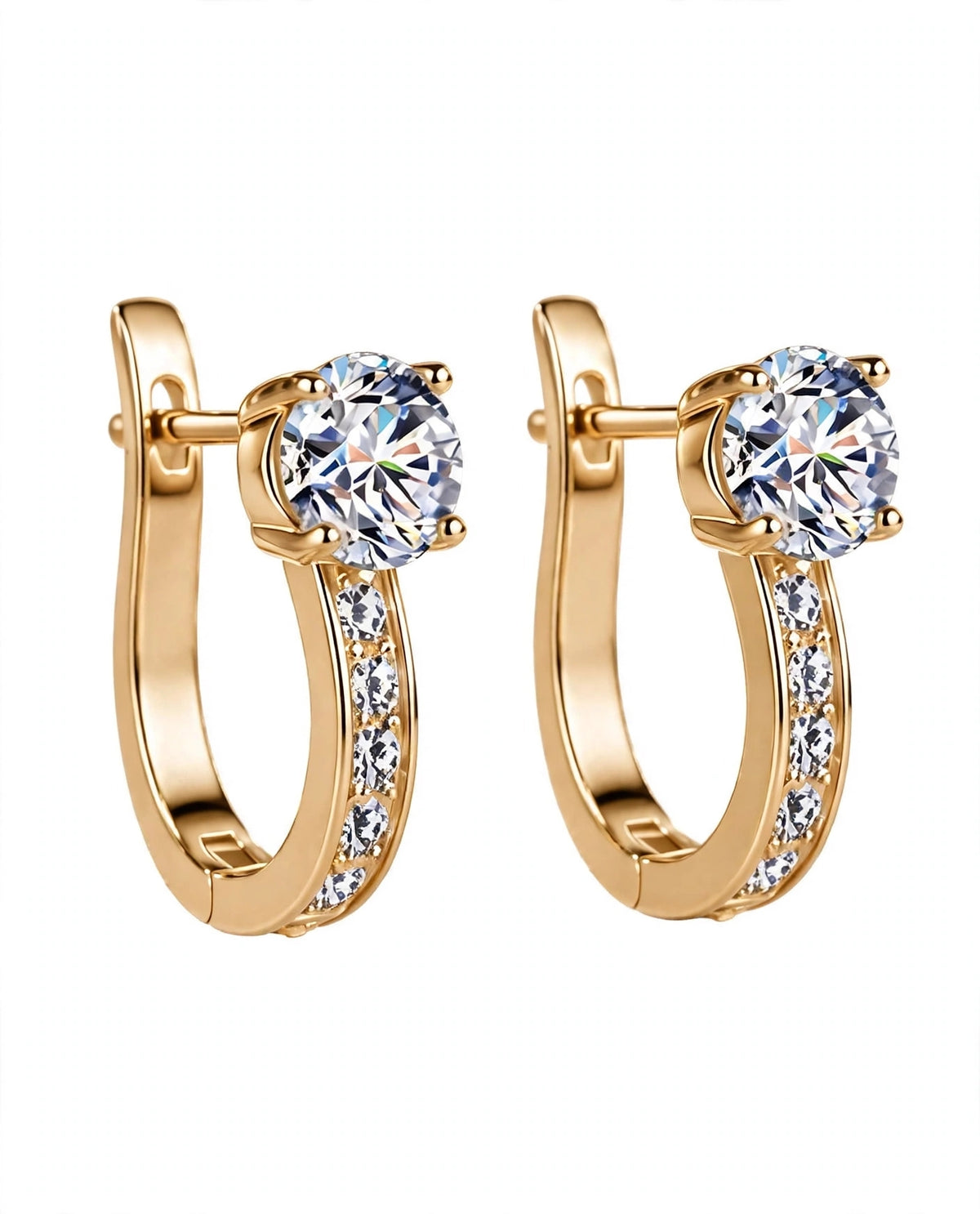 Rose Gold Leverback Hoop Earrings with Solitaire Top Stone & Pave Accent Crystals