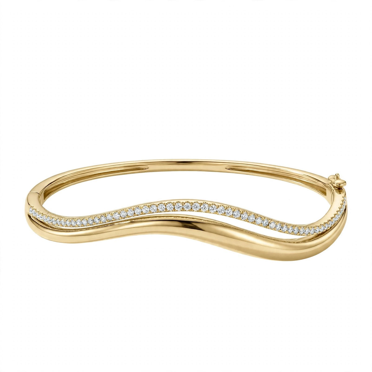 14K Yellow Gold Double Wave Pavé Diamond Bangle Bracelet