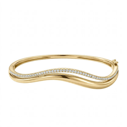 14K Yellow Gold Double Wave Pavé Diamond Bangle Bracelet