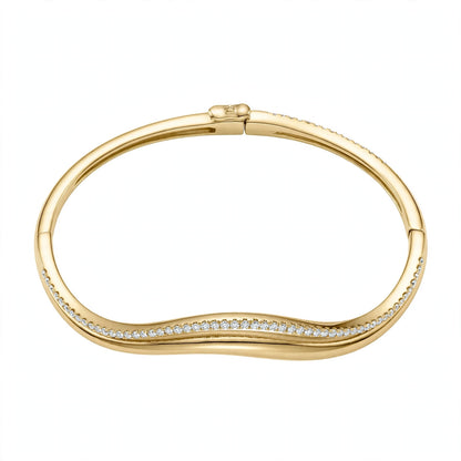 14K Yellow Gold Double Wave Pavé Diamond Bangle Bracelet
