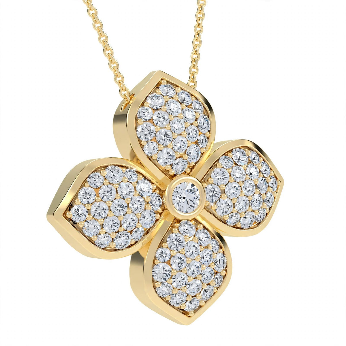 18K Yellow Gold Pavé Diamond Four-Petal Flower Pendant Necklace