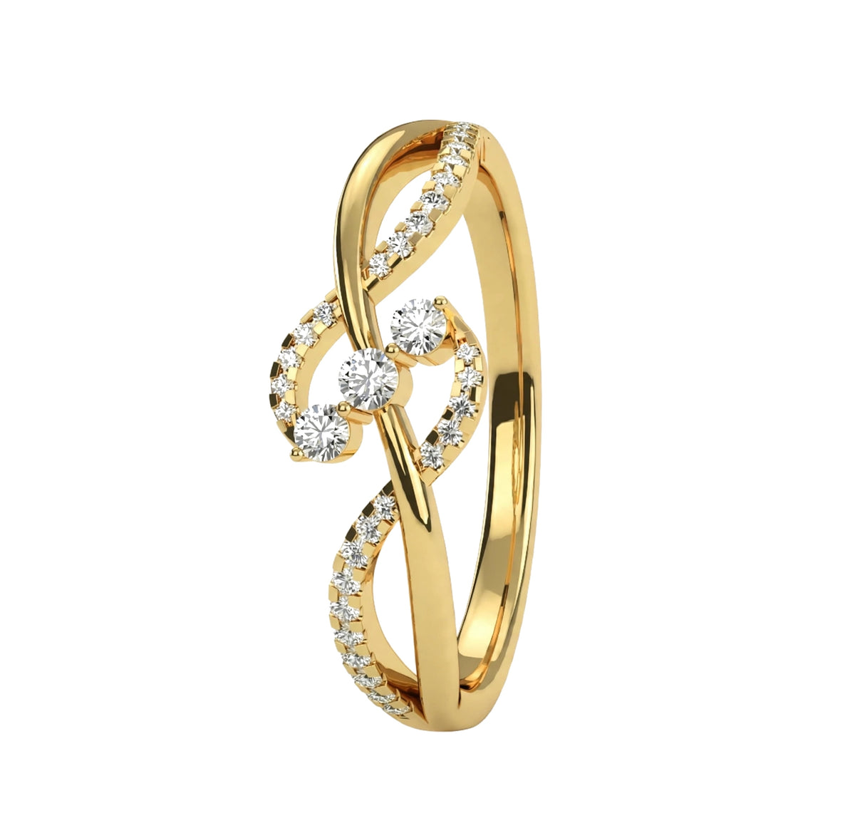 14K Yellow Gold Infinity Twist Three Stone Bypass Diamond Ring.