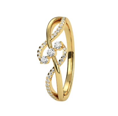 14K Yellow Gold Infinity Twist Three Stone Bypass Diamond Ring.