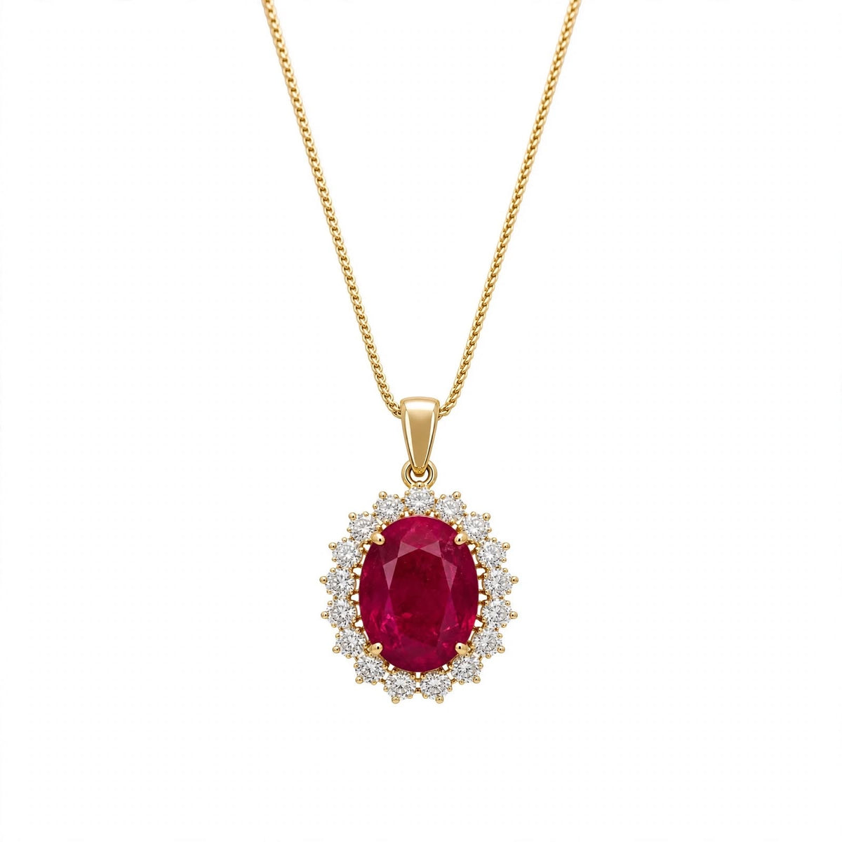 14K Yellow Gold Oval Ruby and Diamond Halo Pendant Necklace