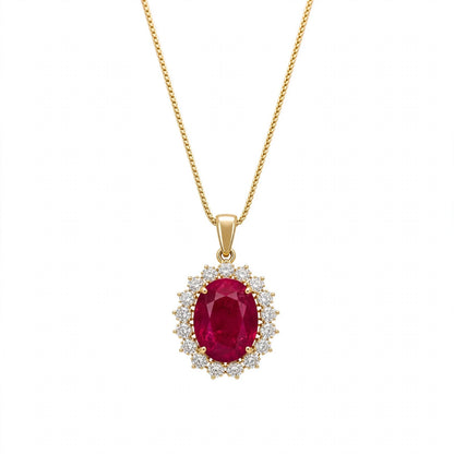 14K Yellow Gold Oval Ruby and Diamond Halo Pendant Necklace