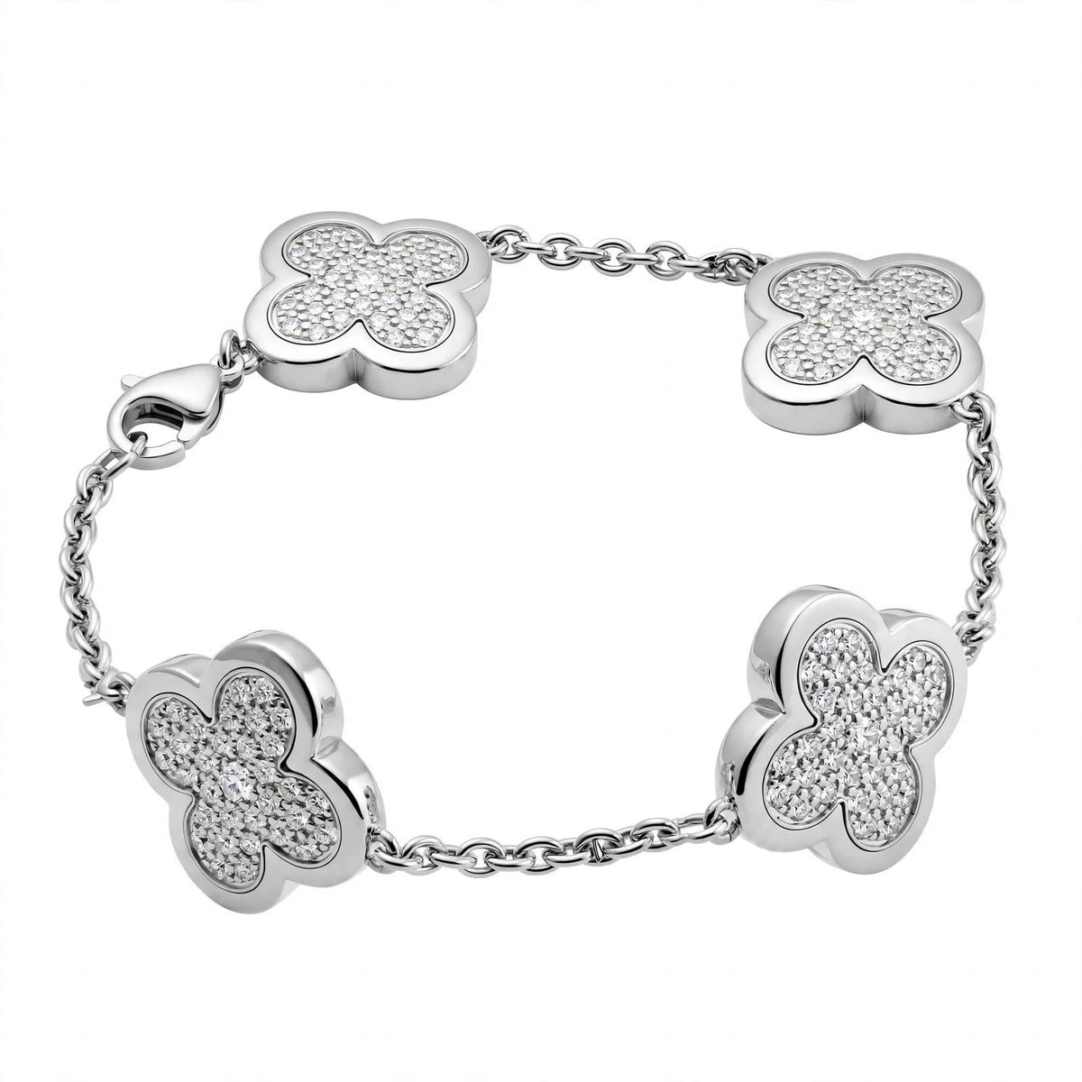 18K Yellow Gold Pavé Diamond Clover Charm Link Bracelet