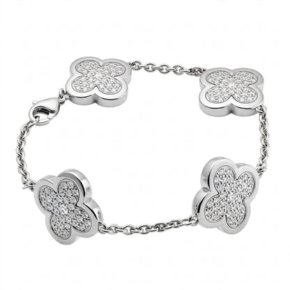 18K Yellow Gold Pavé Diamond Clover Charm Link Bracelet