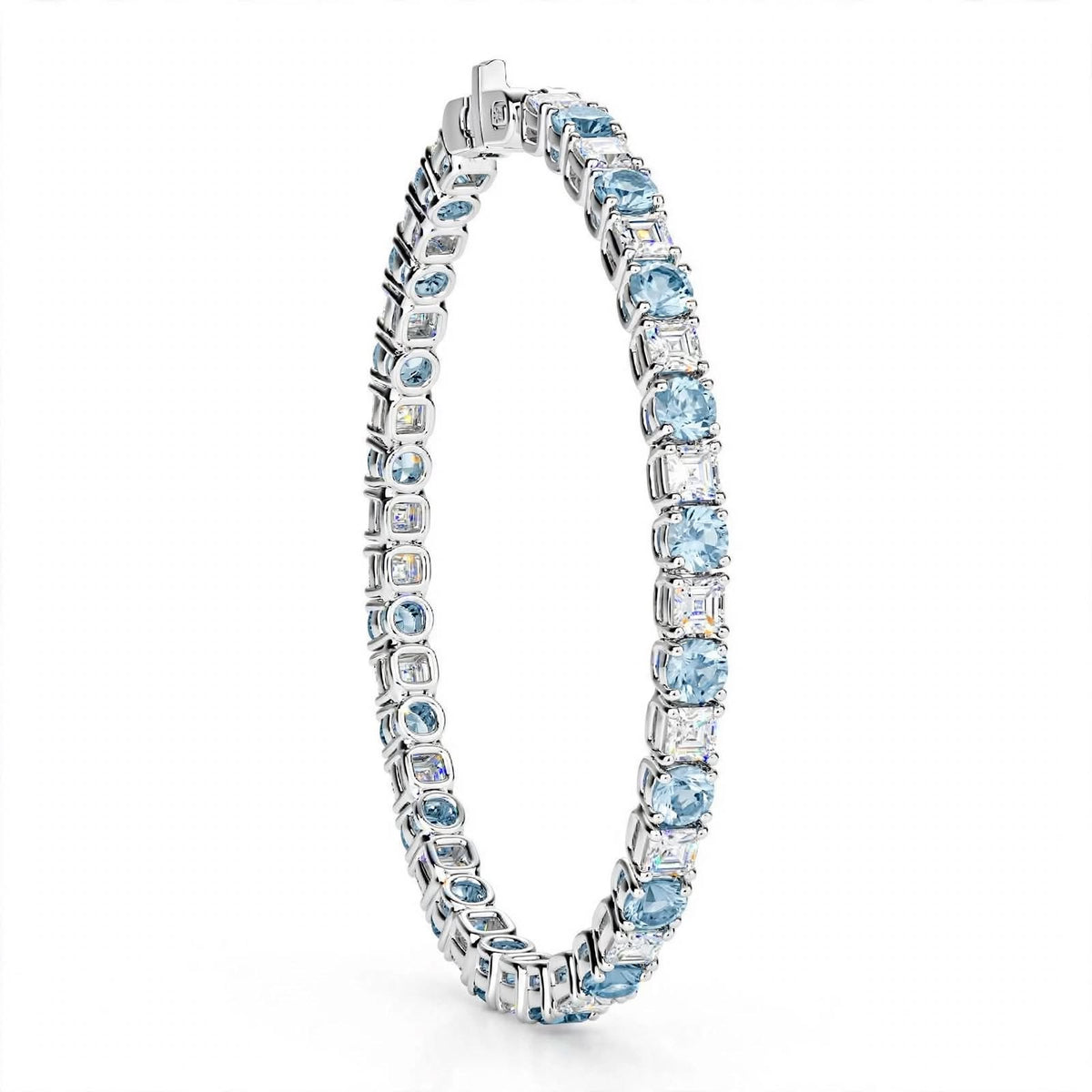 14K White Gold Classic Aquamarine and Diamond Alternating Tennis Bracelet