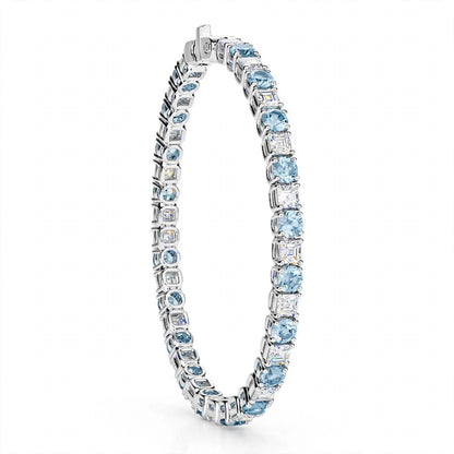 14K White Gold Classic Aquamarine and Diamond Alternating Tennis Bracelet