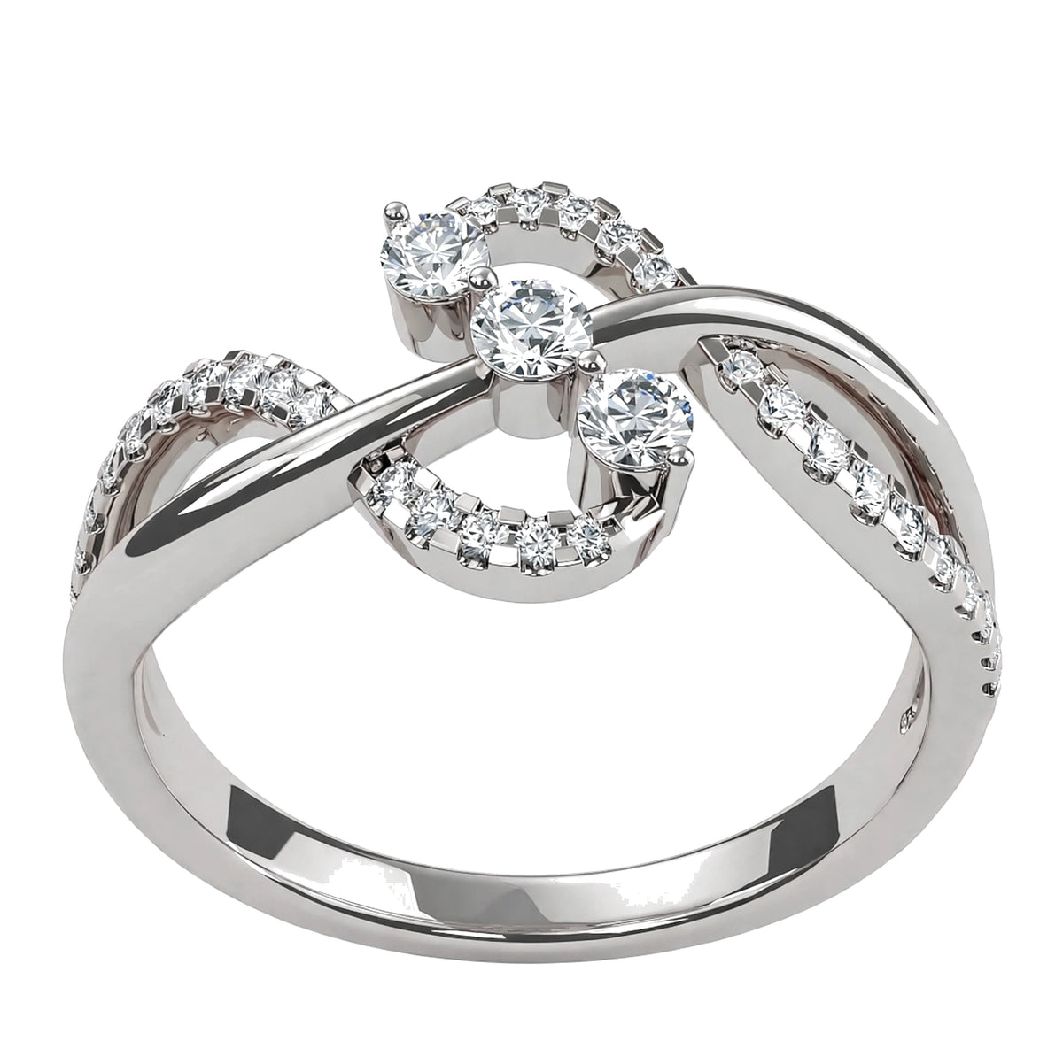 14K Yellow Gold Infinity Twist Three Stone Bypass Diamond Ring.